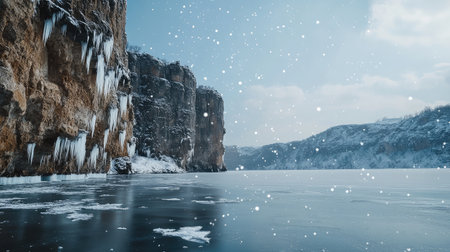 A scenic view of snow-covered cliffs, with snowflakes falling over the frozen surface of a lakeの素材