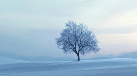 A serene winter landscape with a snow-covered field and a lone tree silhouetted against the skyの素材