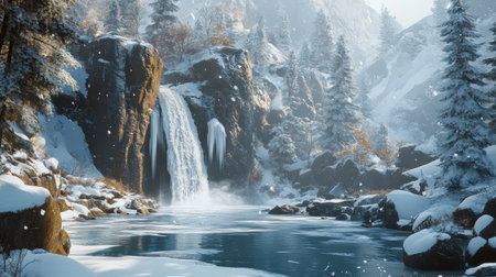 A tranquil winter scene with a frozen waterfall surrounded by snow-covered trees and rocksの素材