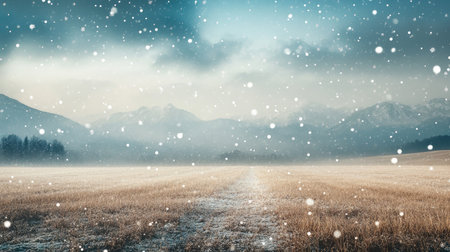 A soft snowstorm drifting over an empty winter field with a distant mountain range in the backgroundの素材