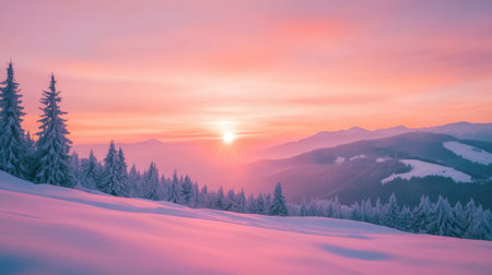 A wintry sunrise casting a soft pink light over snow-covered hills and mountainsの素材