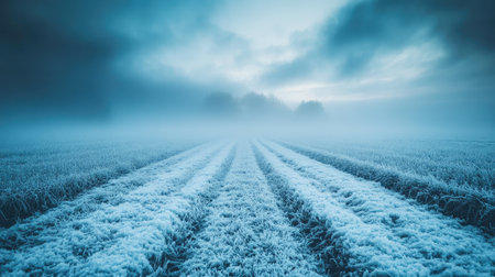 A snow-covered field stretching into the distance with a frosty fog hovering over the groundの素材