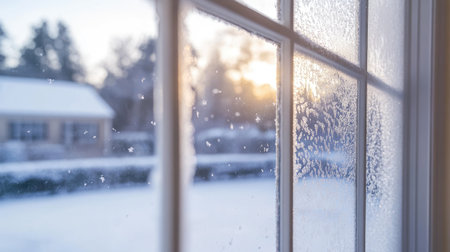 Frost-covered windowpane with snow falling outside and a blurred winter landscapeの素材