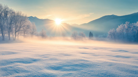 A snowy winter landscape with distant mountains, soft sunlight filtering through the mistの素材
