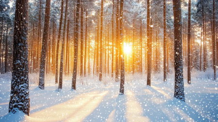 A winter forest with snow gently falling and the soft glow of sunlight peeking through the treesの素材