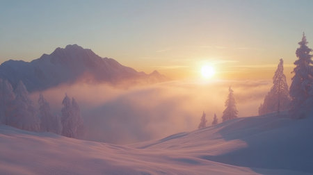 A snow-covered mountain range with the sun rising over the peaks, creating a peaceful glow over the landscapeの素材