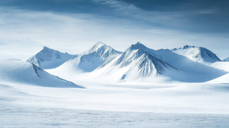 A vast mountain range blanketed in snow, with no signs of human activity in sightの素材