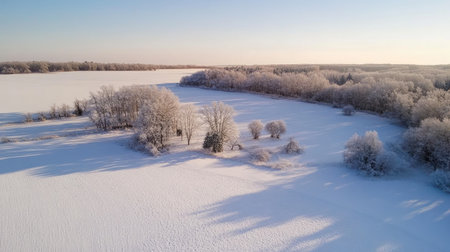 A vast winter field with a small cluster of trees, surrounded by a blanket of fresh snowの素材