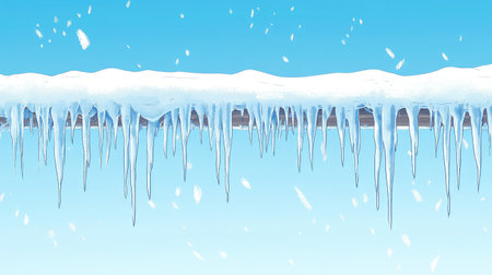 Icicles hanging from a roof, with a clear winter sky in the backgroundの素材