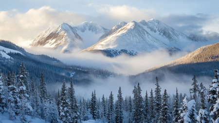 A winter mountain landscape with snow-covered peaks and fog rolling through the valleysの素材