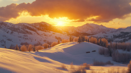 A winter sunset casting a golden glow over snow-covered hillsの素材