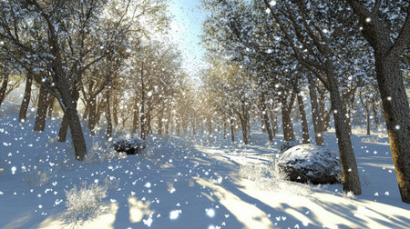 Snowflakes gently falling over a quiet forest glade with bare trees and soft shadowsの素材