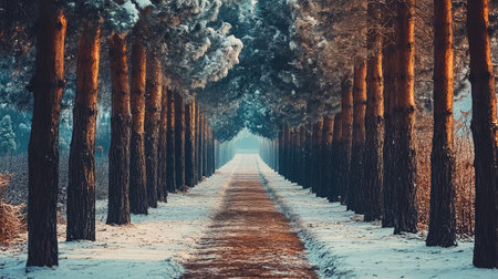 A wintry path lined with snow-covered trees, leading into a peaceful forestの素材