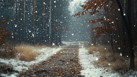 Snowflakes gently falling over a winter scene with a frosty forest and empty snow-covered pathsの素材