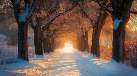 A wintry path lined with snow-covered trees, leading into a peaceful forestの素材