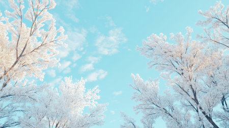 Snow-covered trees against a pale blue sky, with a serene winter atmosphereの素材