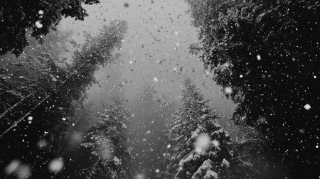 Snowflakes falling gently over a forest blanketed in white snowの素材