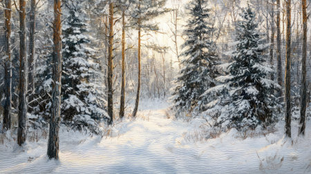 Snowy pine trees dotting a quiet winter forest with soft sunlight peeking through the branchesの素材