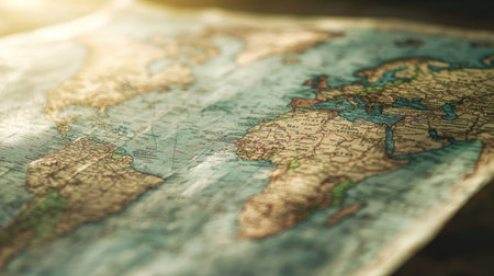 Close-up of a world map with textured paper background, country borders in soft focusの素材