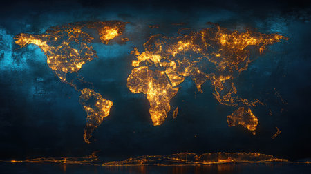3D world map with glowing cities and travel routes, dynamic compositionの素材