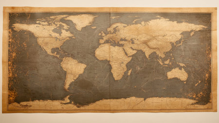 A vintage world map on textured paper with a subtle sepia tone, nostalgic vibeの素材