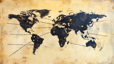 Abstract world map with dotted lines representing global connections and pathsの素材