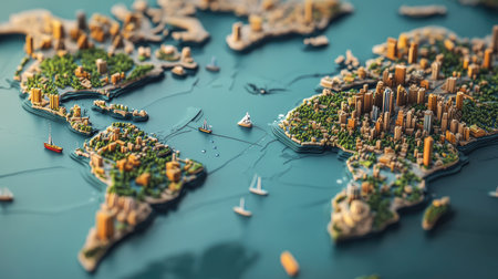 3D world map with an emphasis on major metropolitan areas and global hubsの素材