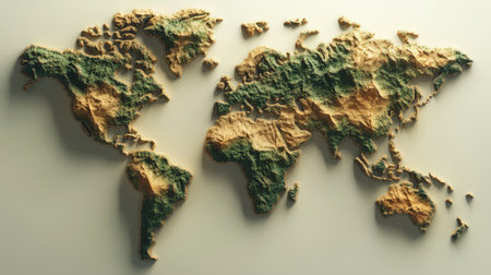 3D world map with shadows, highlighting key continents and country boundariesの素材