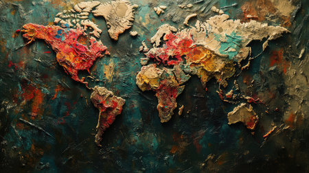 Abstract world map with splashes of bright colors, showing global regions artisticallyの素材