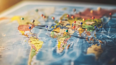 A world map with digital pins marking major global locations and eventsの素材