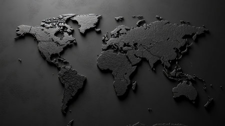 A monochrome world map with high contrast and sharp details on a black backgroundの素材