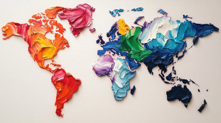 A world map made from painted brush strokes, each continent in unique huesの素材