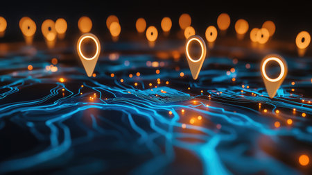A high-tech digital world map with floating location markers and dynamic linesの素材