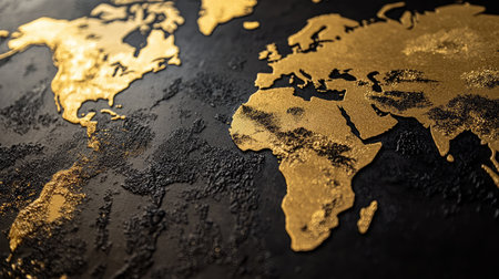Close-up of a world map with country outlines highlighted in gold, sleek designの素材