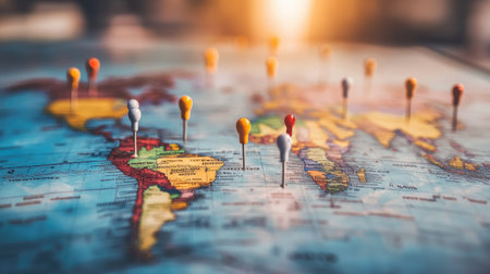 A world map with digital pins marking major global locations and eventsの素材