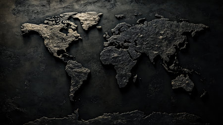 A monochrome world map with high contrast and sharp details on a black backgroundの素材