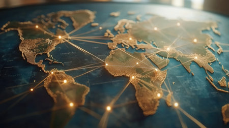 Abstract world map with dotted lines representing global connections and pathsの素材