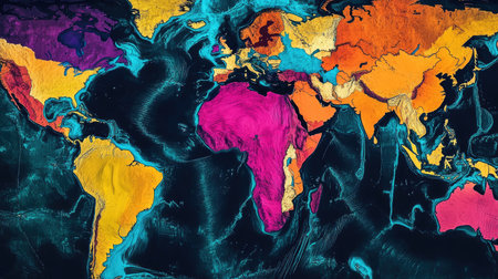 A world map showing tectonic plate boundaries and earthquake zones in vivid colorの素材