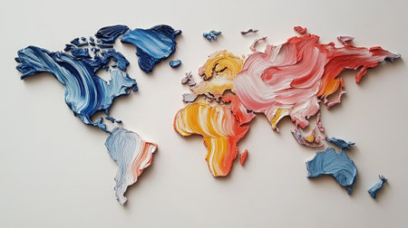 A world map made from painted brush strokes, each continent in unique huesの素材