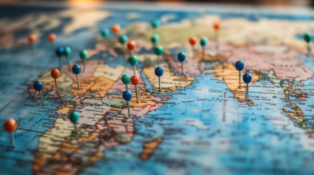 A world map with digital pins marking major global locations and eventsの素材