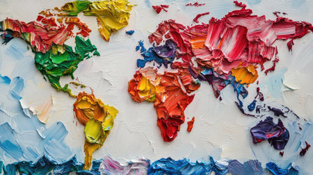 A world map made from painted brush strokes, each continent in unique huesの素材