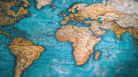Close-up of a world map with highlighted continents, sharp lines and bright contrastの素材