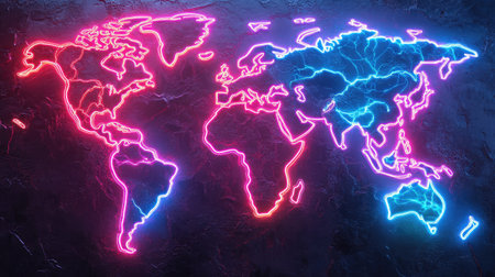 A world map with continents highlighted in bright neon, modern designの素材