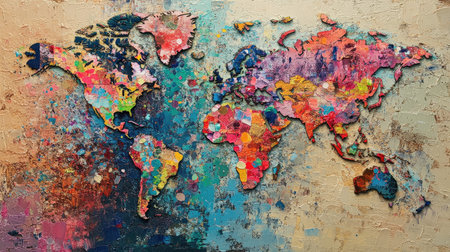 Abstract world map with splashes of bright colors, showing global regions artisticallyの素材