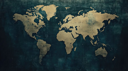 A world map printed on textured canvas with subtle grid lines and bordersの素材