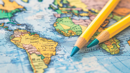 Close-up of a classic world map with geographic lines and markers, retro styleの素材