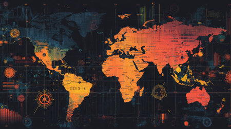 A world map with global time zones, highlighting each regions clock and dataの素材
