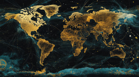 Abstract world map with dotted lines representing global connections and pathsの素材