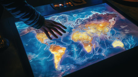 An interactive world map on a touch screen with zoom-in features and dynamic layersの素材