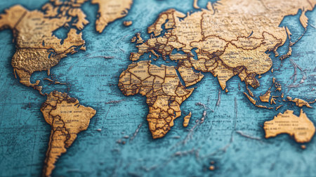 Close-up of a detailed world map with country names and small geographical detailsの素材